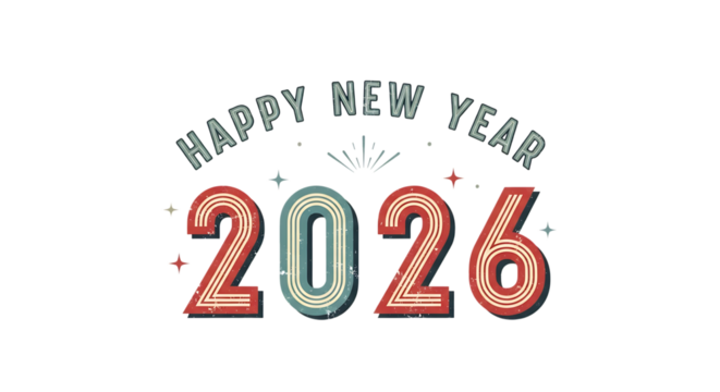 Happy New Year 2026 text, retro design with stars and sparkles, cutout, PNG isolated on white or transparent background