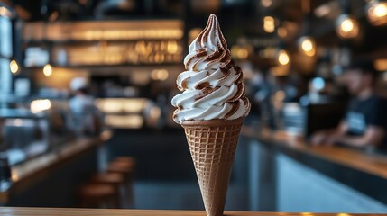 Delicious swirl of chocolate and vanilla soft serve ice cream in a waffle cone on a summer day