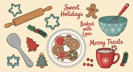 Festive baking elements for holiday cheer with cookies and kitchen utensils
