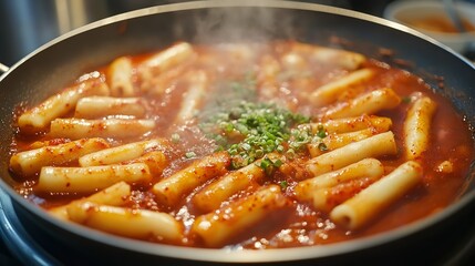 Delicious tteokbokki simmering in a pan, a popular korean street food with rice cakes and spicy sauce