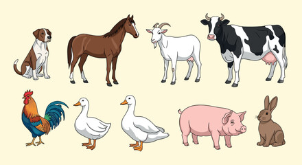 Farm animal collection domestic creatures in smooth cartoon style