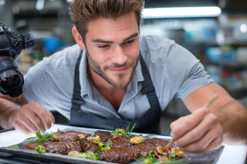Chef meticulously plating gourmet dishes in a modern kitchen setting at dusk