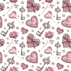 Vintage hearts watercolor seamless pattern. Valentine's Day pattern. Digital paper. Love. Hearts. Romance. Birthday. For printing on wrapping paper, fabric, textiles, cards, stickers, invitations