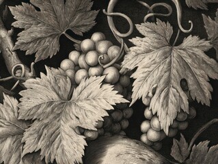A close-up view captures the intricate details of lush grape vines, showcasing the natural beauty of the plant and its fruit. 