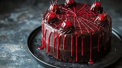 A spooky chocolate cake with cherry decorations and spiderweb design for a halloween celebration party