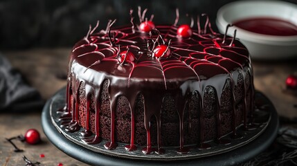 A decadent chocolate cake adorned with cherries and a spiderweb for a spooky halloween celebration