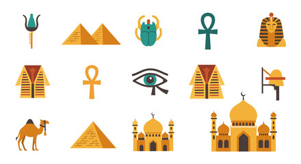 Ancient egyptian symbols and landmarks in flat design style