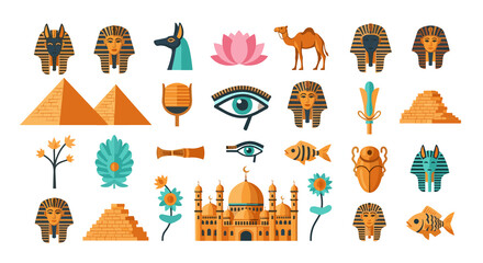 Ancient egypt icons collection: pyramids, pharaohs, anubis, and more in flat design