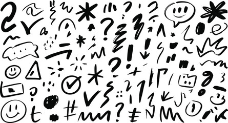 Collection of hand drawn doodle icons and symbols featuring checkmarks question marks smiles and abstract shapes