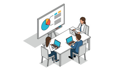 Isometric office meeting teamwork with laptops and presentations in a modern workspace