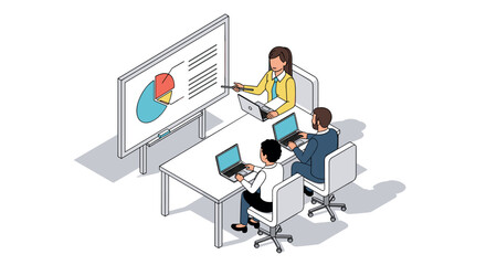 Isometric office meeting with digital presentations and data analysis