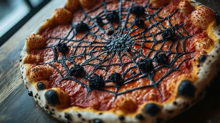 Delicious pizza decorated with a spider web and spiders for halloween celebration party on wooden table