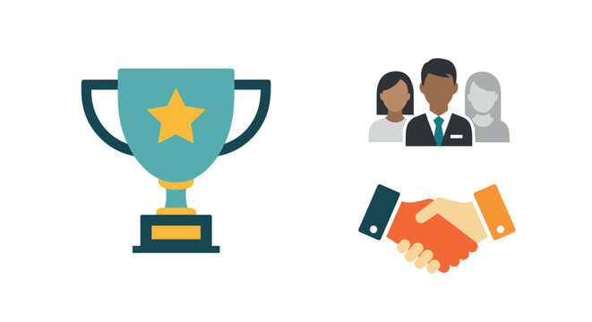 Achievement symbols trophy, teamwork, and business handshake icons in flat design