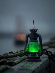 Beacon of Serenity: An old-fashioned lantern illuminated with an ethereal green glow, casting a soft light, sits on a rustic pier. Its warm radiance pierces the muted tones of a misty, maritime scene.
