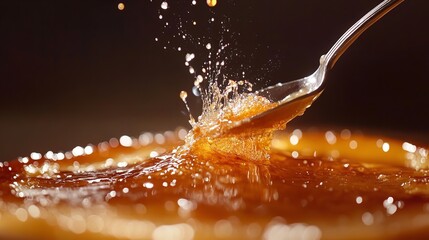 Close up of a spoon splashing liquid, creating a dynamic and visually appealing composition
