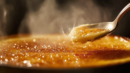 Close up of a spoon taking a portion of crme brle with steam rising from the dessert