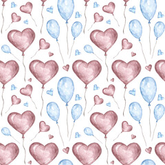 Holiday watercolor seamless pattern. Valentine's Day pattern. Digital paper. Love. Hearts. Romance. Birthday. Burgundy, blue colors. For printing on wrapping paper, fabric, textiles, cards, stickers