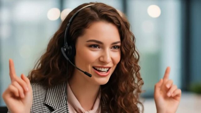 A happy businesswoman with a headset listens to music and dances at her desk. This footage is perfect for a positive work environment concept