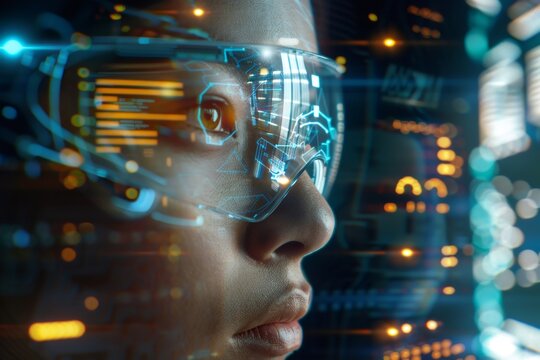 Person exploring metaverse using augmented reality smart glasses