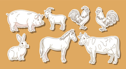 Fototapeta premium Farm animal stickers handdrawn collection with pig, goat, rooster, rabbit, horse, and cow