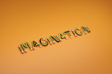The word "Imagination" written with pencils. 3D illustration.