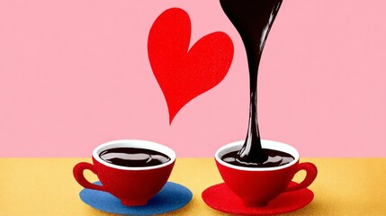 Two cups of coffee with chocolate drizzled on top, one of which has a heart drawn on it