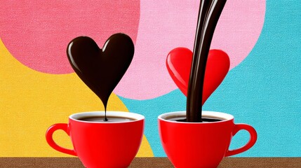 Two red coffee cups with chocolate drizzled on top, one with a heart on it. Concept of love and warmth, as the chocolate drizzle represents a sweet gesture