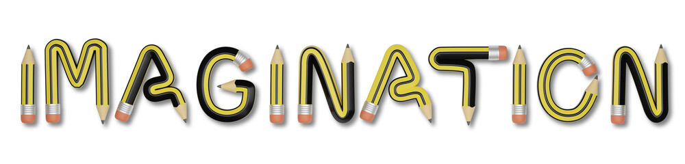 The word "Imagination" written with pencils isolated on white background. 3D illustration.