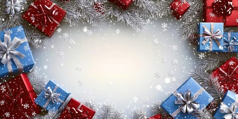 Charming Winter Wonderland Snow-Covered Fir Branches Frame Colorful Gift Boxes for Festive Cheer