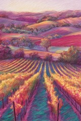 Vineyard Landscape:  Rows of lush grapevines stretch across rolling hills, bathed in the soft hues of the sunset. This serene landscape captures the essence of a tranquil winery setting.