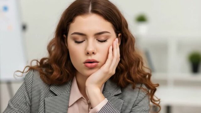 A very bored and tired businesswoman sitting at her desk, yawning and feeling unmotivated. This footage is perfect for boring work concepts