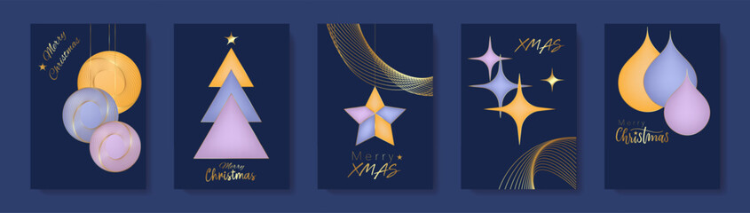 Merry Christmas set blue card, concepts for background, greeting card, party invitation, template, website banner, social media banner, marketing material. Festive Xmas decoration vector 