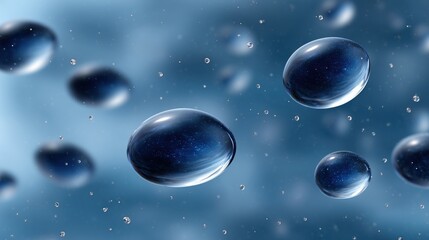 Water droplets suspended in air. These glistening spheres exhibit delicate translucence, capturing and reflecting the surrounding light 