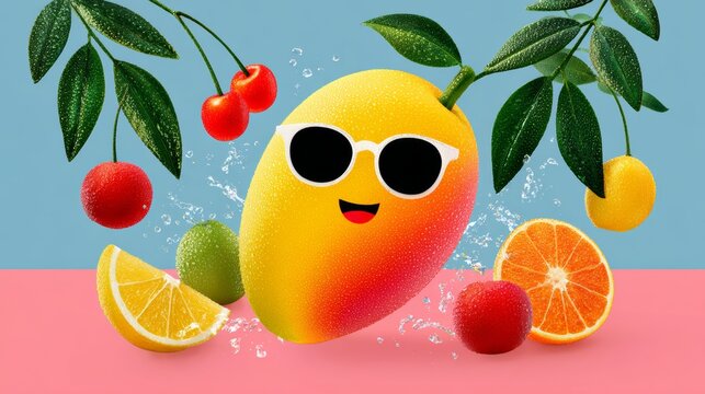 Cartoon fruit with sunglasses on a table with other fruits. Scene is fun and playful - Powered by Adobe