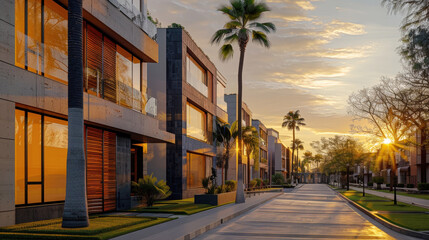 Fototapeta premium modern residential street at sunset or sunrise. Light illuminates contemporary townhouses with concrete and wood facades and large windows. Palm trees line street in this tropical suburban setting.