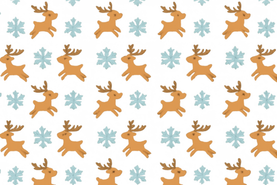 Cheerful christmas winter pattern featuring cartoon reindeer and delicate snowflakes on a see-through background