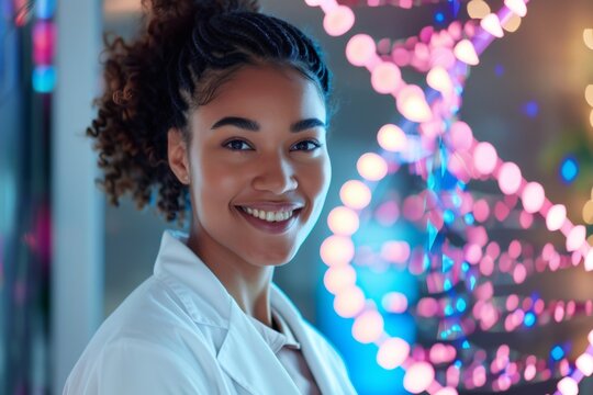 Female scientist smiling looking at genetic dna research