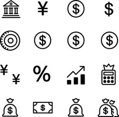 Financial icons set, currency symbols, money bags, bank building, calculator, bar chart, coin, dollar bill, economy, finance, accounting, savings