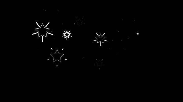 Abstract white star burst animation with sparkle pop and line explosion effect on black background. 4K animated overlay for festive decoration, particle motion graphics, and celebration videos.
