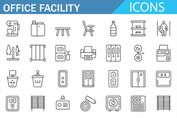 Minimal Line Icons of Office Utilities, Furniture, and Tools