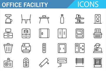 Office Facility Icons Set — Line Style Vector Symbols of Workplace Equipment, Furniture, and Utilities for Business, Interior, and Facility Design