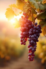 Fototapeta premium Vivid Grape Harvest: A cluster of ripe, plump grapes hangs gracefully from a vine, illuminated by the warm, golden light of the sun, celebrating the essence of autumn in a vineyard.