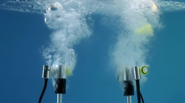 Electrolysis of water producing tiny oxygen and hydrogen bubbles at electrodes.