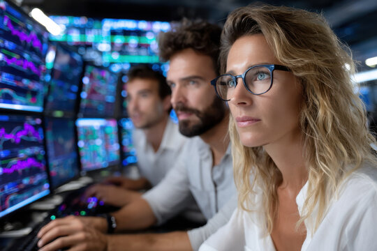 Group of analysts actively monitoring financial markets with multiple screens in office