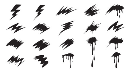 Jagged distress scratch marks and dynamic lightning bolt symbols vector collection featuring aggressive grunge textures ink splatters and dripping paint effects ideal for edgy graphic design streetwea