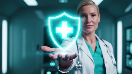 Female doctor presents glowing holographic shield with medical cross symbol and energy effects. Healthcare protection, insurance coverage, patient safety, and advanced digital technology in modern - Powered by Adobe