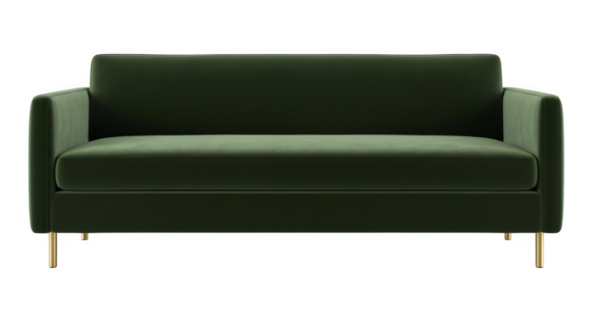Modern dark green velvet sofa isolated on transparent background, a luxurious and stylish piece