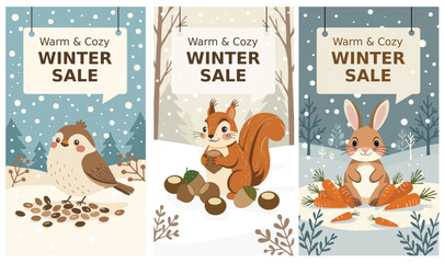 Cute winter sale banners with bird, squirrel and bunny in snowy forest. Warm and cozy vertical mobile backgrounds for seasonal ads and Christmas offers.