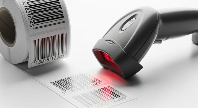 Barcode scanner detecting labels on white background - Powered by Adobe