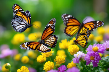 Naklejka premium Vibrant monarch butterflies flying over colorful flowers in a lush garden
